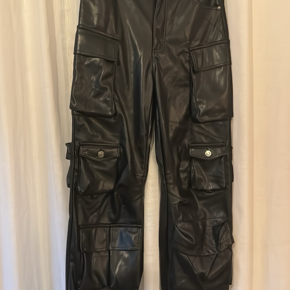 Rehab Black Cargo Pants with Glossy Leather Finish